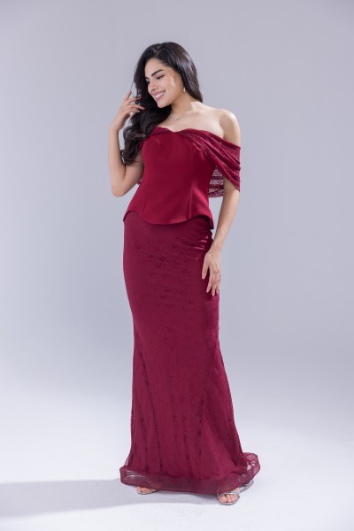 BDM Exclusive Dantel Dokulu Drape Kollu Uzun Abiye Elbise