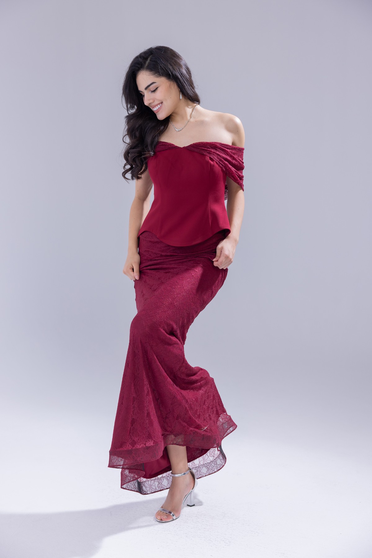 BDM Exclusive Dantel Dokulu Drape Kollu Uzun Abiye Elbise