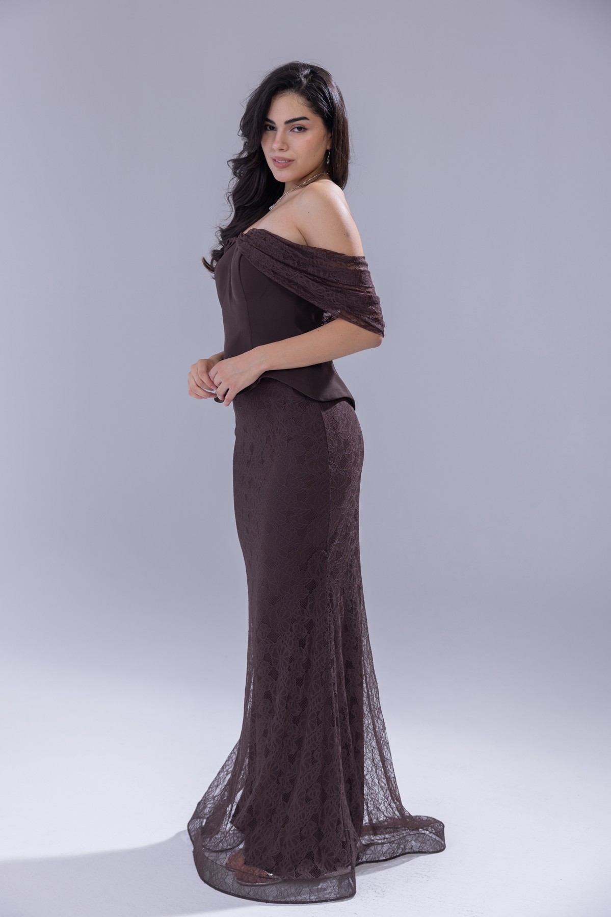BDM Exclusive Dantel Dokulu Drape Kollu Uzun Abiye Elbise