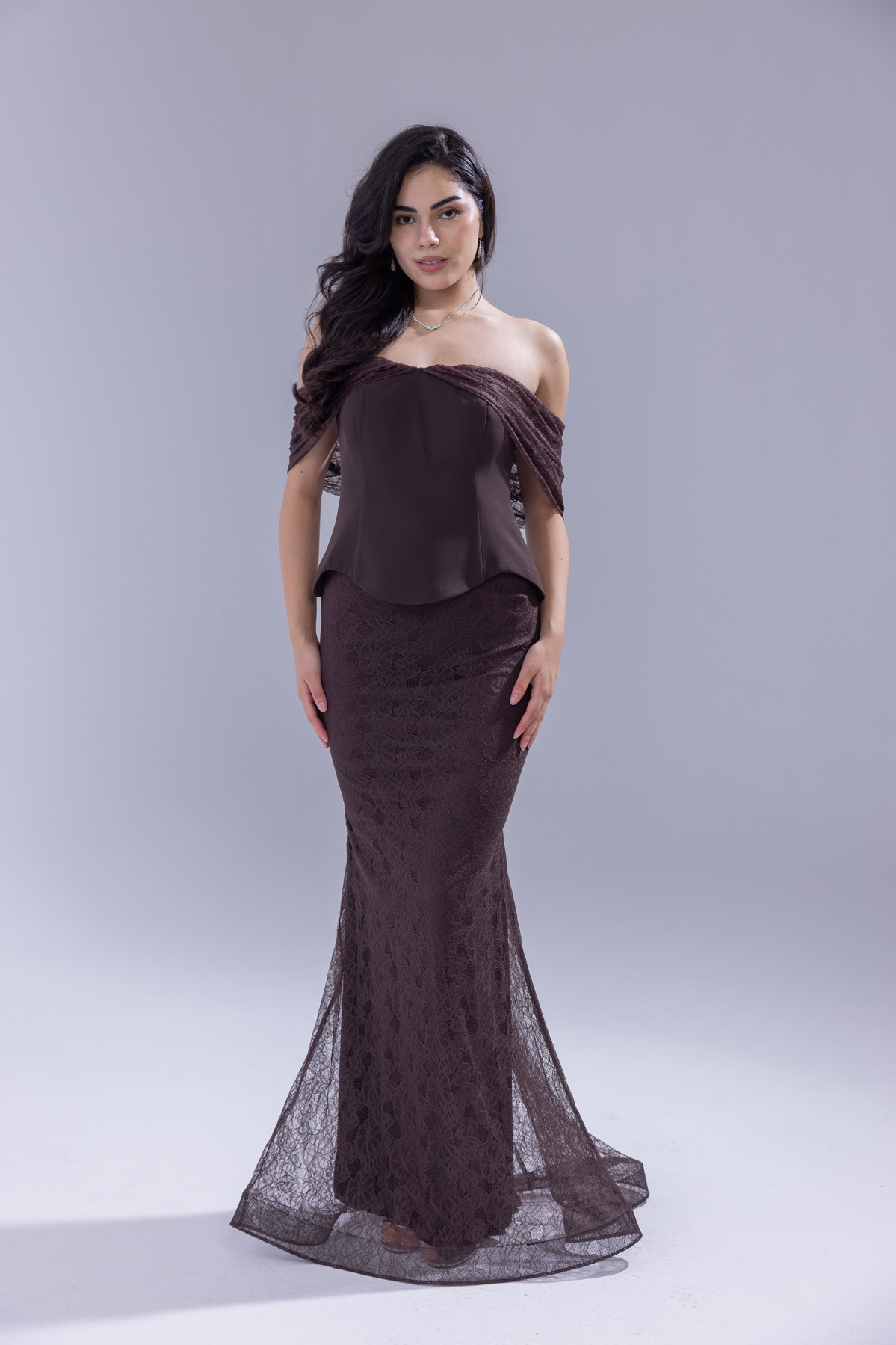 BDM Exclusive Dantel Dokulu Drape Kollu Uzun Abiye Elbise