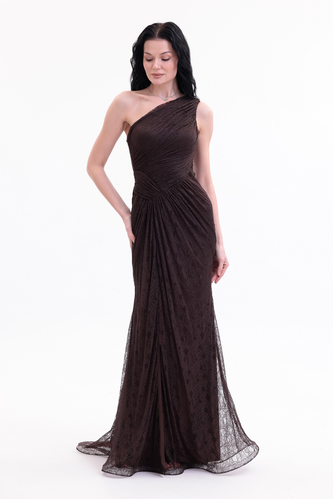 BDM Exclusive Dantel Drape Detaylı Tek Omuz Yırtmaçlı Premium Abiye Elbise