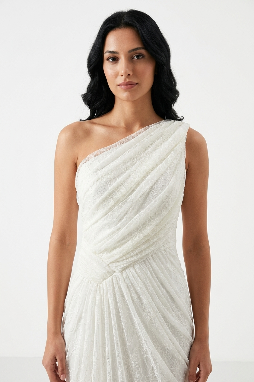 BDM Exclusive Dantel Drape Detaylı Tek Omuz Yırtmaçlı Premium Abiye Elbise