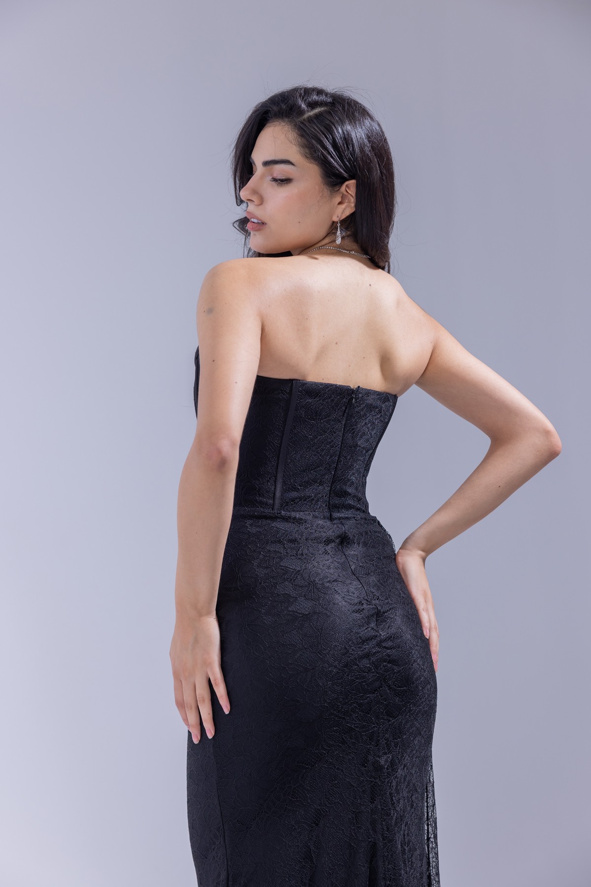 BDM Exclusive Dantel Korse Formlu Drapeli Premium Uzun Abiye Elbise