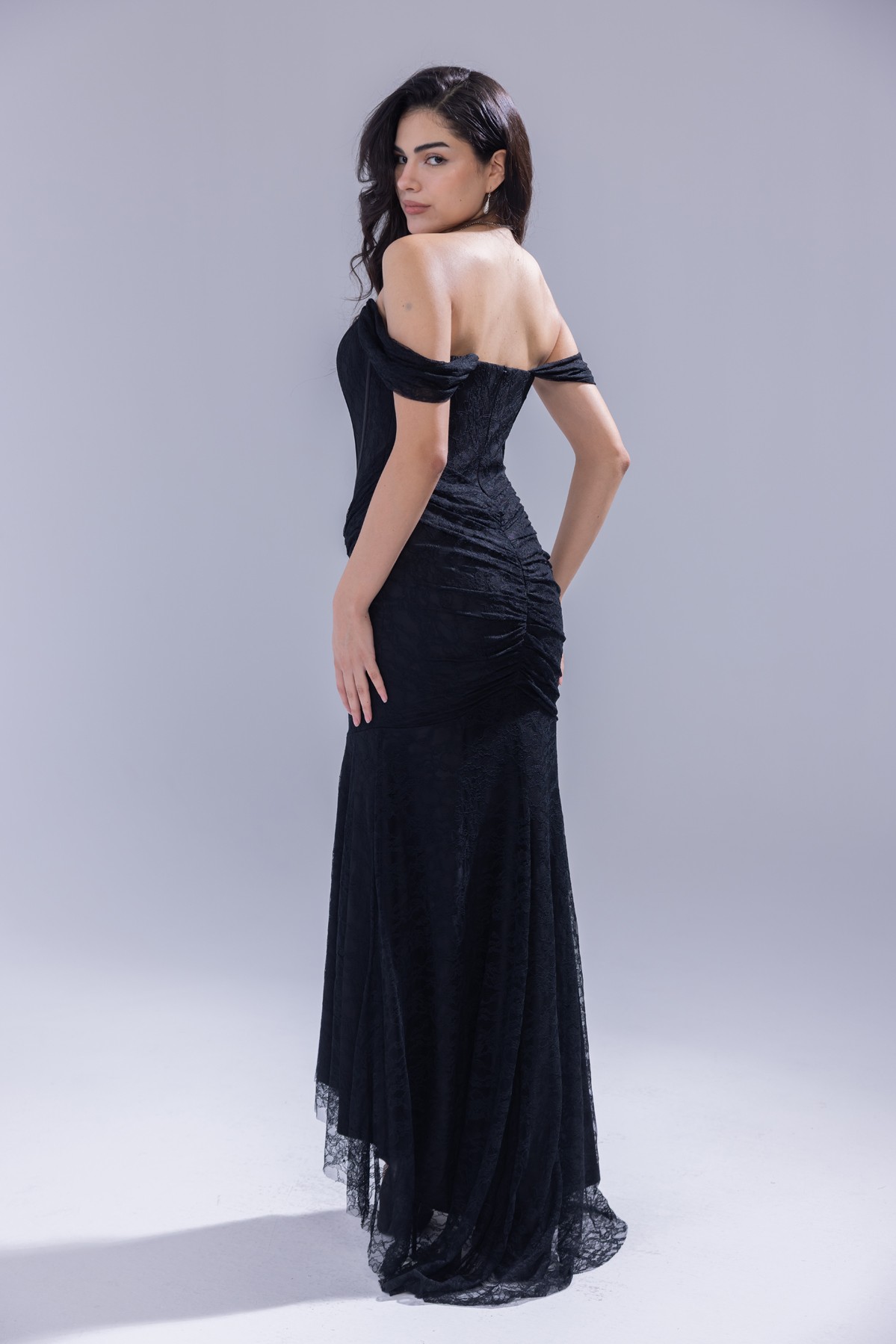 BDM Exclusive Kare Yaka Korsaj Detaylı Drapeli Dantel Balık Nikah Abiye Elbise