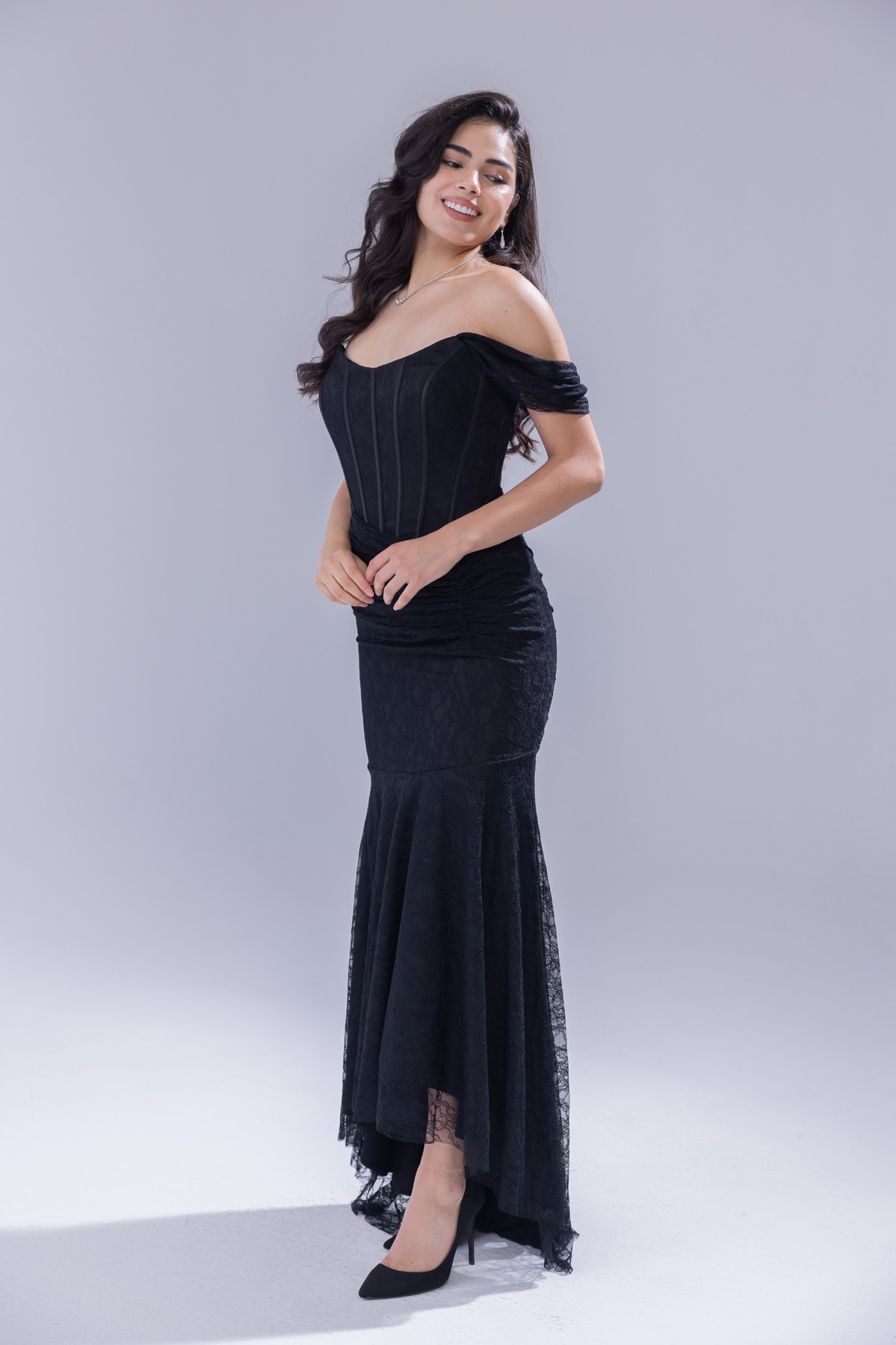 BDM Exclusive Kare Yaka Korsaj Detaylı Drapeli Dantel Balık Nikah Abiye Elbise