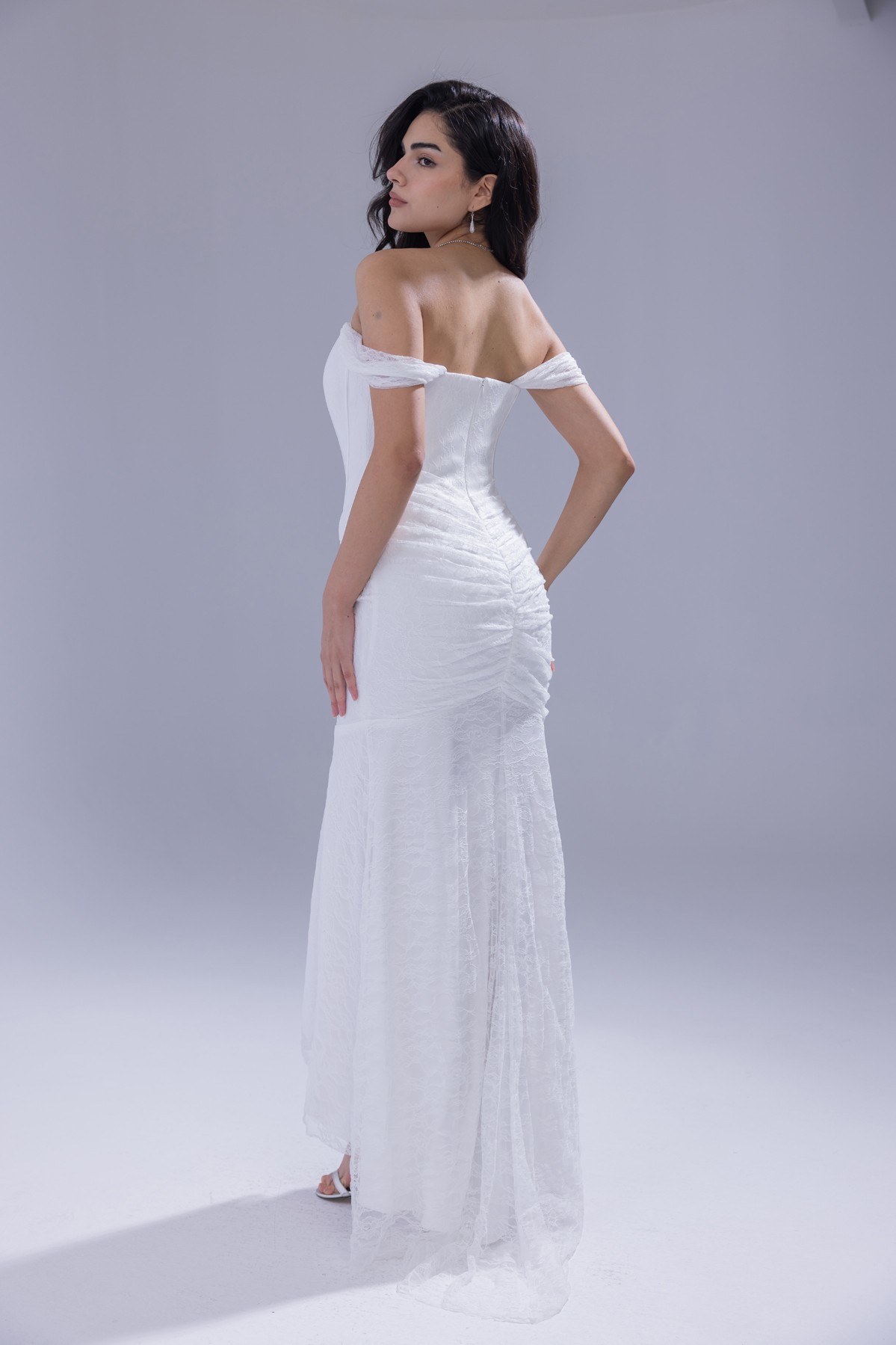 BDM Exclusive Kare Yaka Korsaj Detaylı Drapeli Dantel Balık Nikah Abiye Elbise