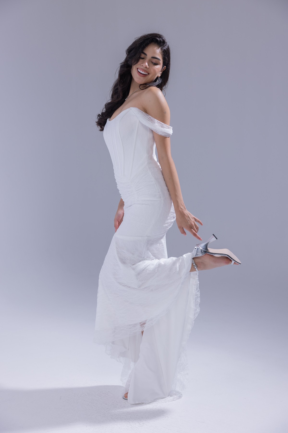 BDM Exclusive Kare Yaka Korsaj Detaylı Drapeli Dantel Balık Nikah Abiye Elbise
