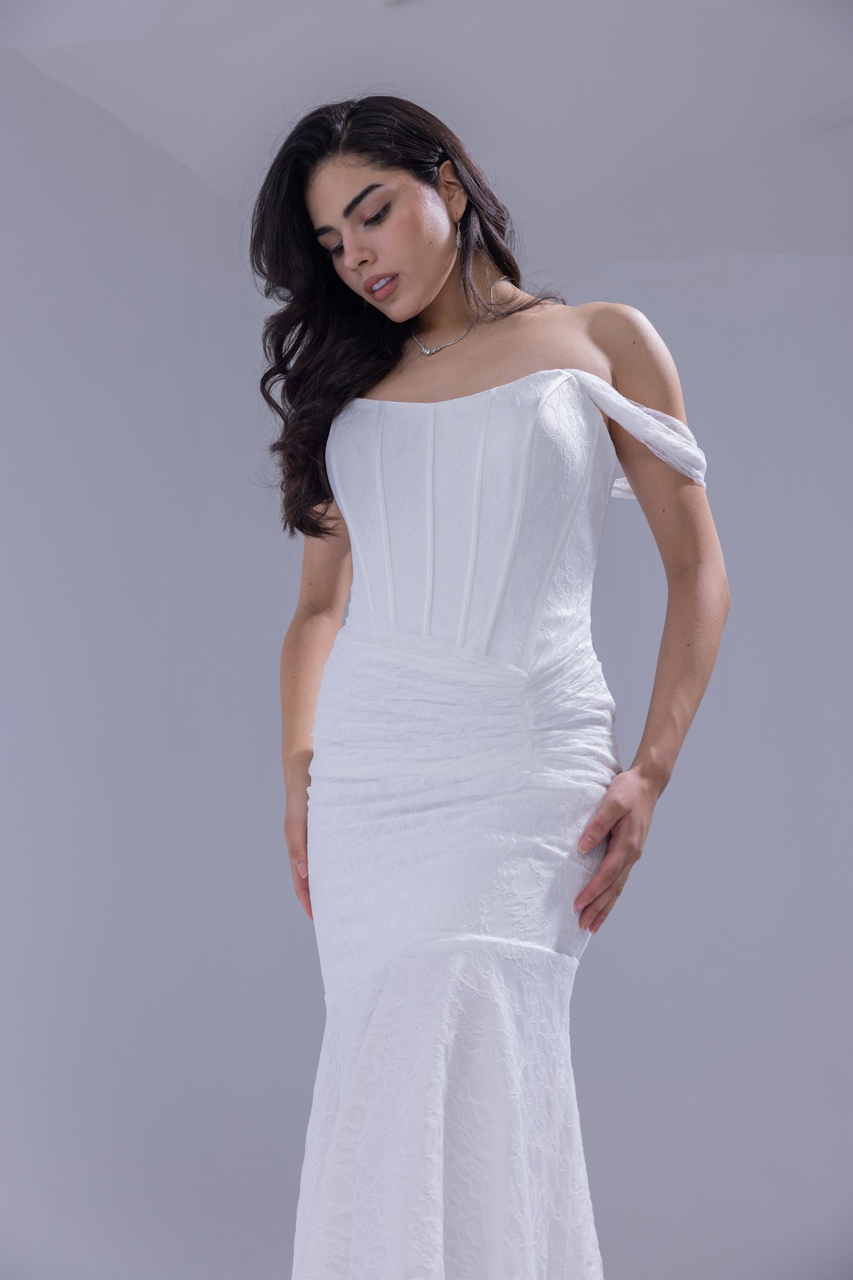 BDM Exclusive Kare Yaka Korsaj Detaylı Drapeli Dantel Balık Nikah Abiye Elbise