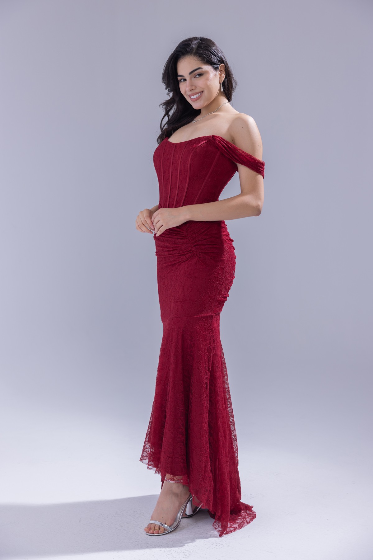 BDM Exclusive Kare Yaka Korsaj Detaylı Drapeli Dantel Balık Nikah Abiye Elbise