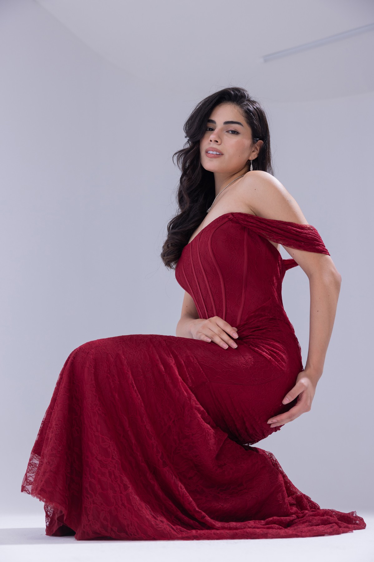 BDM Exclusive Kare Yaka Korsaj Detaylı Drapeli Dantel Balık Nikah Abiye Elbise