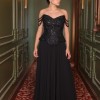 BDM Exclusive Omuz Dekolteli Boncuk İşlemeli Uzun Abiye Elbise Zarif ve Şık Gece Elbisesi