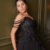 BDM Exclusive Omuz Dekolteli Boncuk İşlemeli Uzun Abiye Elbise Zarif ve Şık Gece Elbisesi