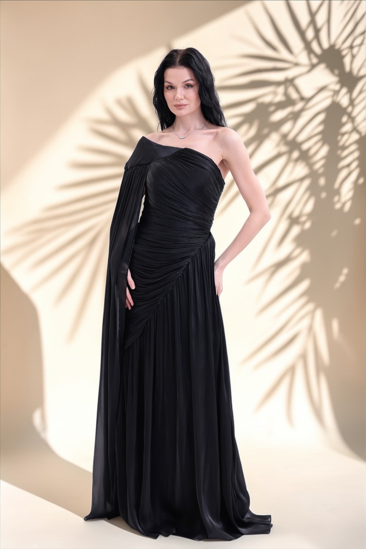 BDM Exclusive Parlak Şifon Drape Kollu Tek Omuz Premium Abiye Elbise