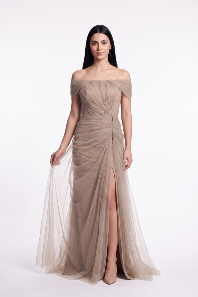 BDM Exclusive Premium Tül Drape Detaylı Straplez Uzun Abiye Elbise