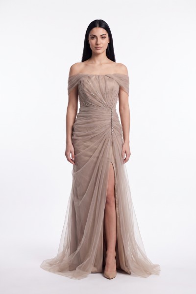 BDM Exclusive Premium Tül Drape Detaylı Straplez Uzun Abiye Elbise