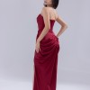 BDM Exclusive Saten Pileli Drape Detaylı Straplez Yırtmaçlı Uzun Abiye Elbise