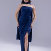 BDM Exclusive Saten Pileli Drape Detaylı Straplez Yırtmaçlı Uzun Abiye Elbise