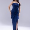 BDM Exclusive Saten Pileli Drape Detaylı Straplez Yırtmaçlı Uzun Abiye Elbise