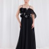 BDM Exclusive Şifon Balenli Çiçek Aplikli Nakışlı Uzun Abiye Elbise