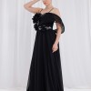 BDM Exclusive Şifon Balenli Çiçek Aplikli Nakışlı Uzun Abiye Elbise