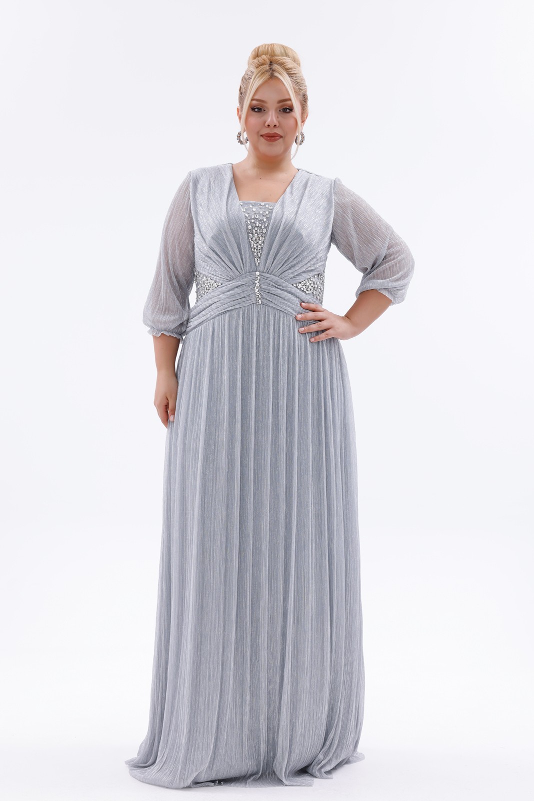 BDM Exclusive Simli Şifon Taş İşlemeli Büyük Beden Abiye Elbise