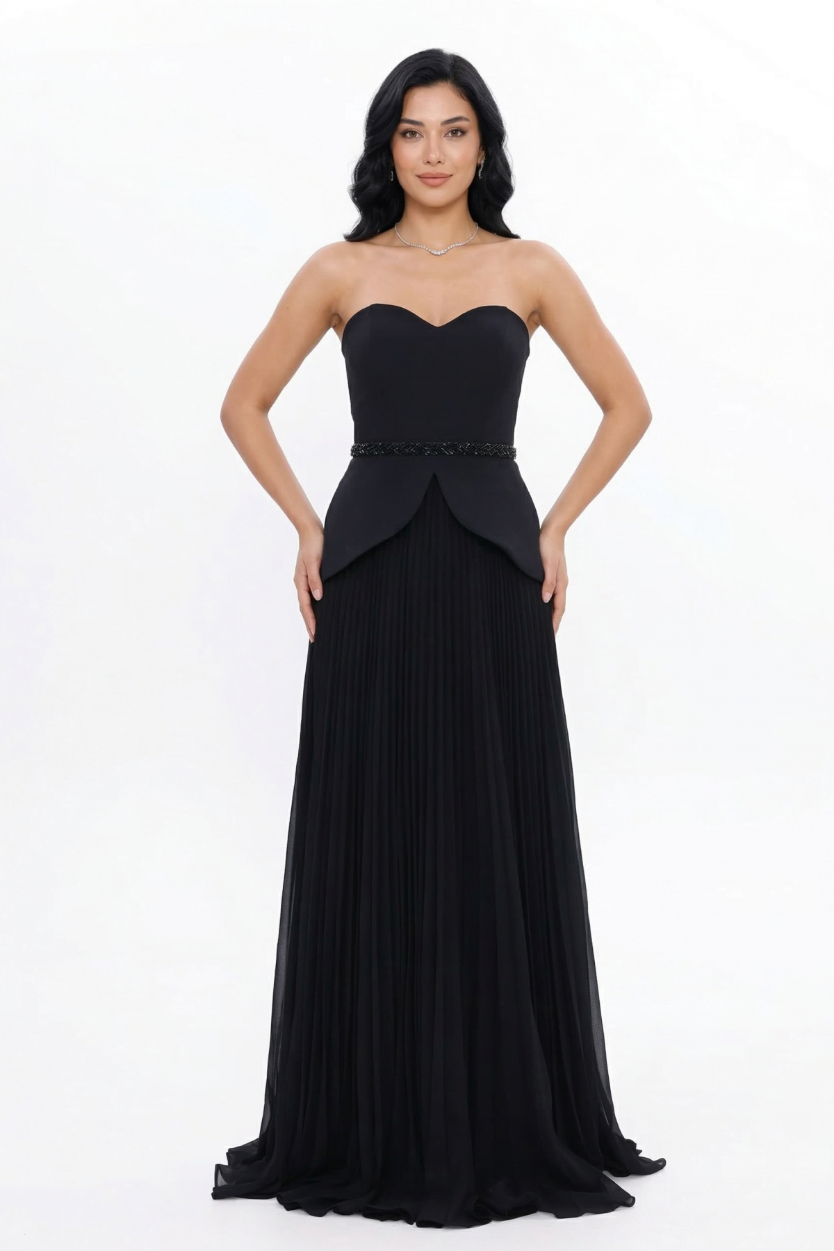 BDM Exclusive Straplez Kalp Yaka Peplum Taş Kemerli Premium Abiye Elbise