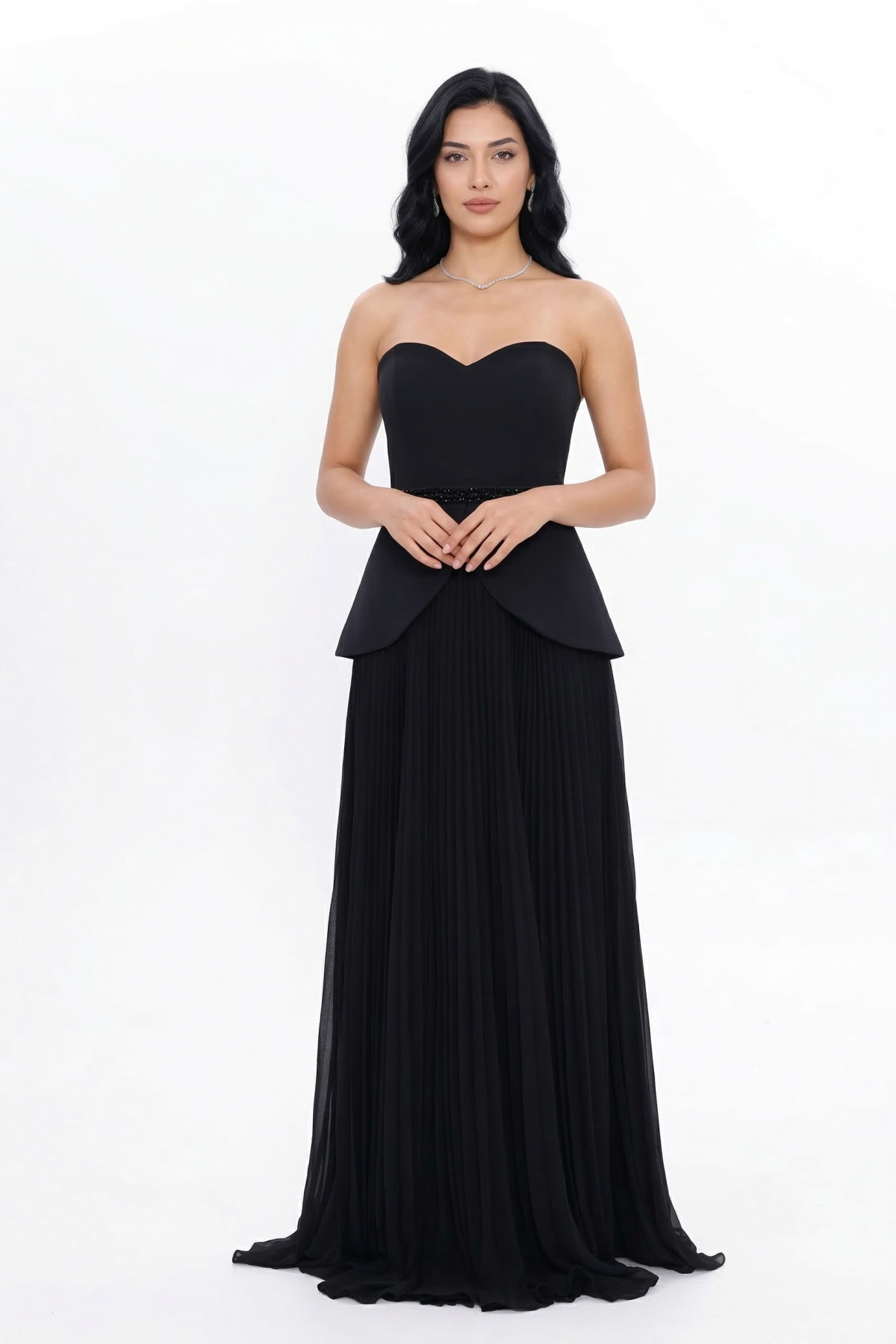 BDM Exclusive Straplez Kalp Yaka Peplum Taş Kemerli Premium Abiye Elbise