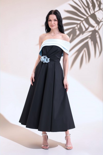 BDM Exclusive Tafta Çiçek Detaylı Off-Shoulder Premium Abiye Elbise