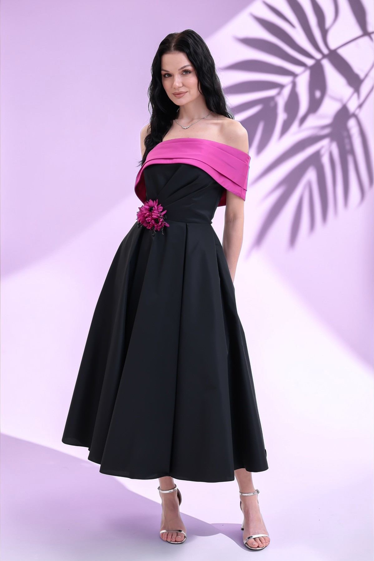 BDM Exclusive Tafta Çiçek Detaylı Off-Shoulder Premium Abiye Elbise