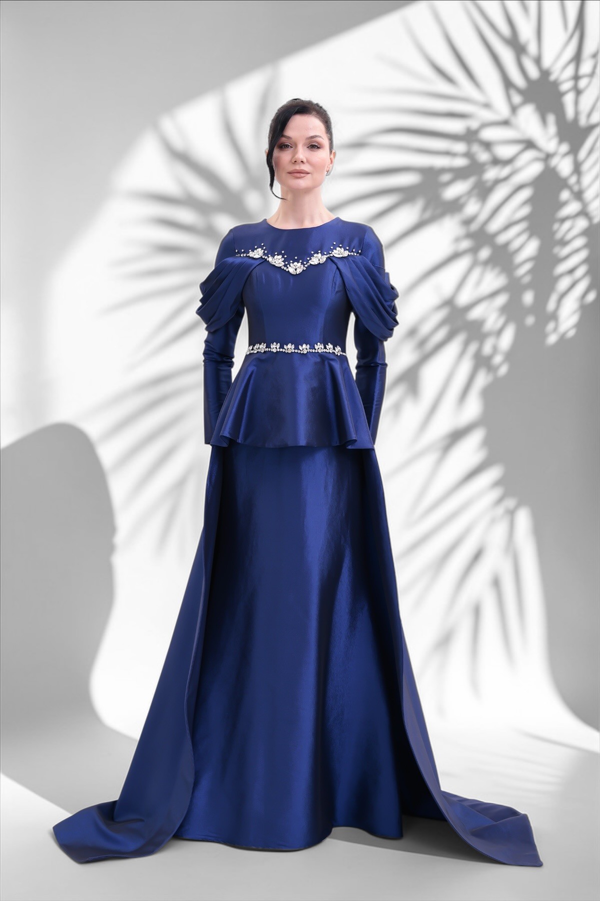 BDM Exclusive Tafta Taş İşlemeli Drape Kollu Peplum Premium Abiye Elbise