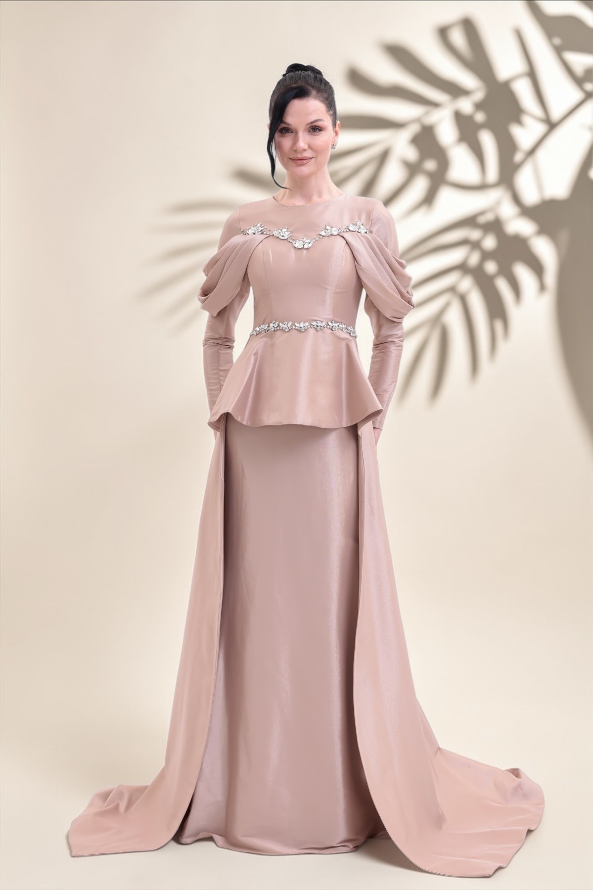 BDM Exclusive Tafta Taş İşlemeli Drape Kollu Peplum Premium Abiye Elbise