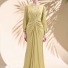 BDM Exclusive Taş Detaylı Drape Gövdeli Uzun Kollu Premium Abiye Elbise