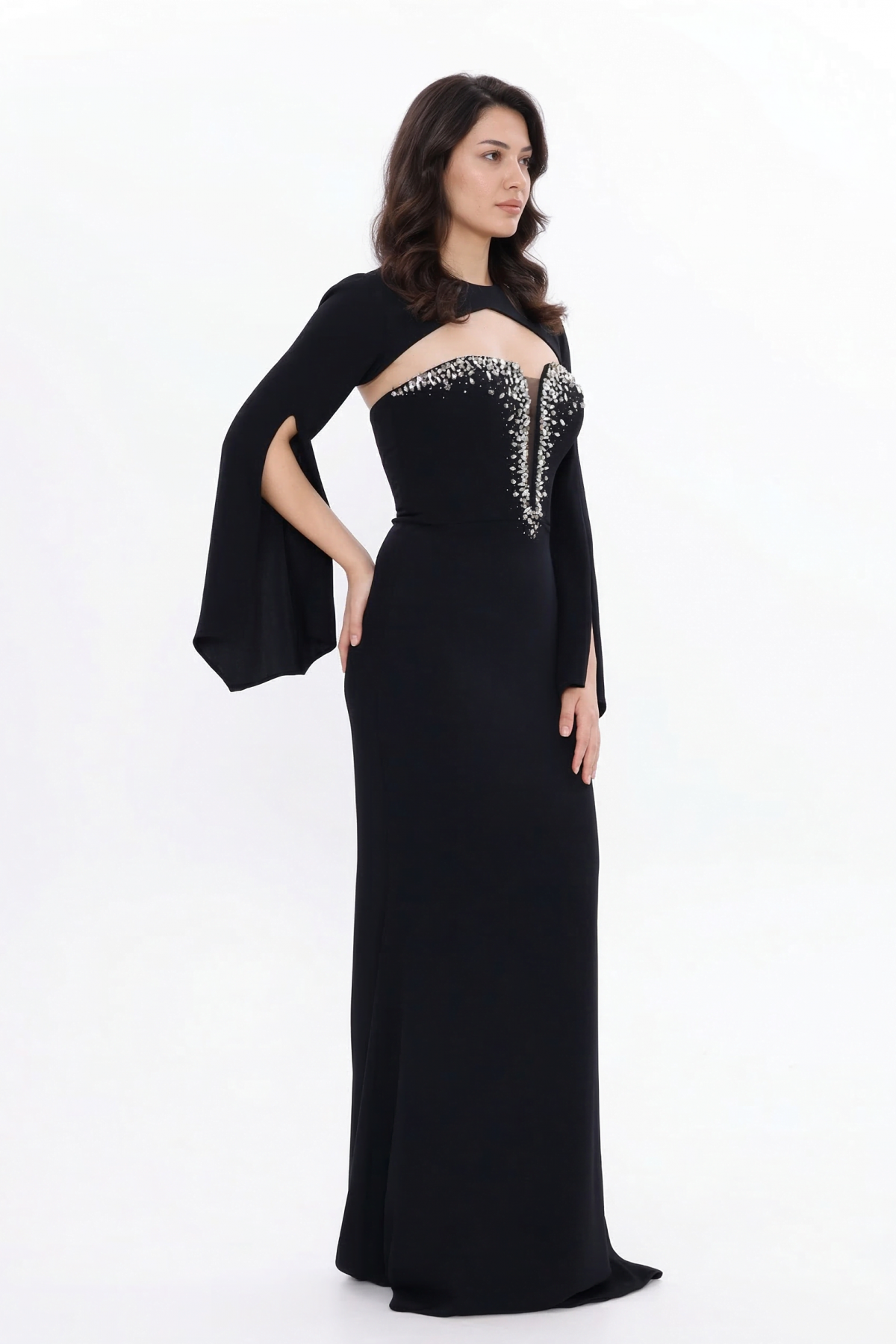 BDM Exclusive Taş İşlemeli Bolerolu Krep Uzun Premium Abiye Elbise