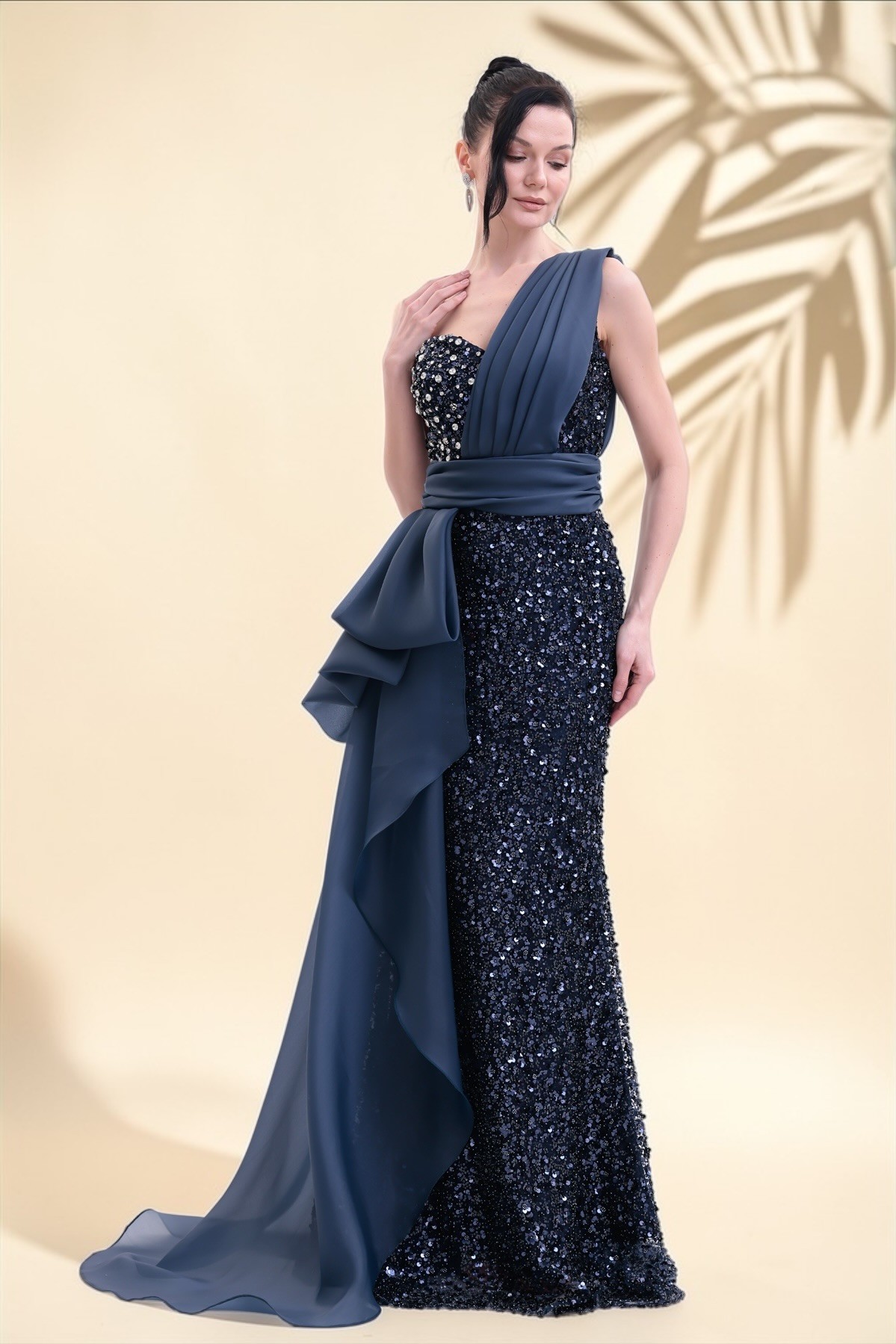 BDM Exclusive Taş İşlemeli Şifon Drape Detaylı Premium Abiye Elbise