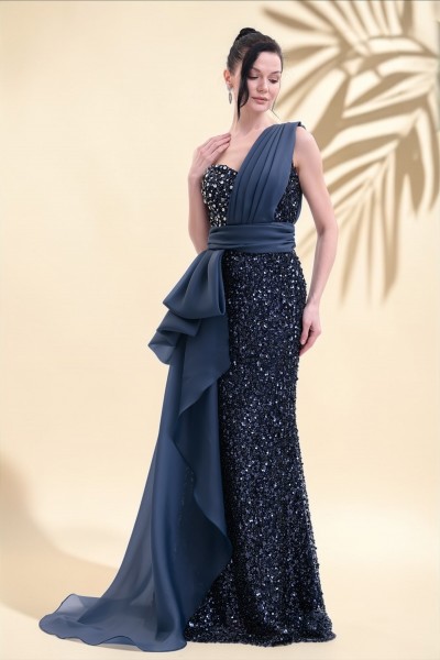 BDM Exclusive Taş İşlemeli Şifon Drape Detaylı Premium Abiye Elbise