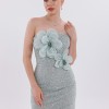 BDM Exclusive Taşlı Kumaş Çiçek Aplikli Straplez Kısa Abiye Elbise