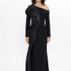BDM Exclusive Tek Kol Pilise Organze Drape Taş İşlemeli Premium Abiye Elbise