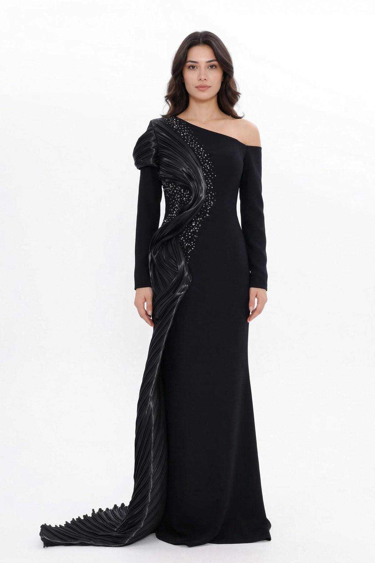 BDM Exclusive Tek Kol Pilise Organze Drape Taş İşlemeli Premium Abiye Elbise
