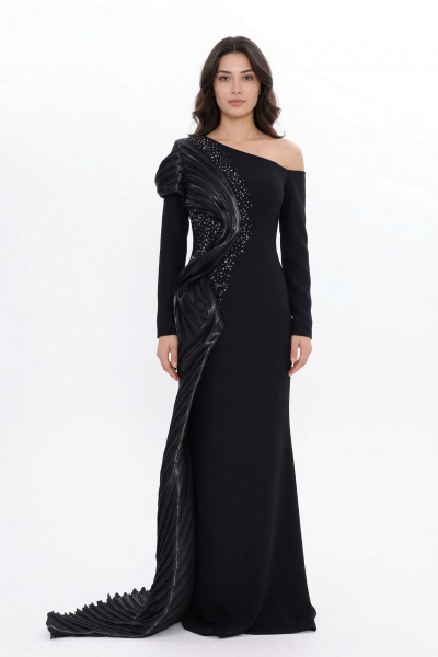 BDM Exclusive Tek Kol Pilise Organze Drape Taş İşlemeli Premium Abiye Elbise