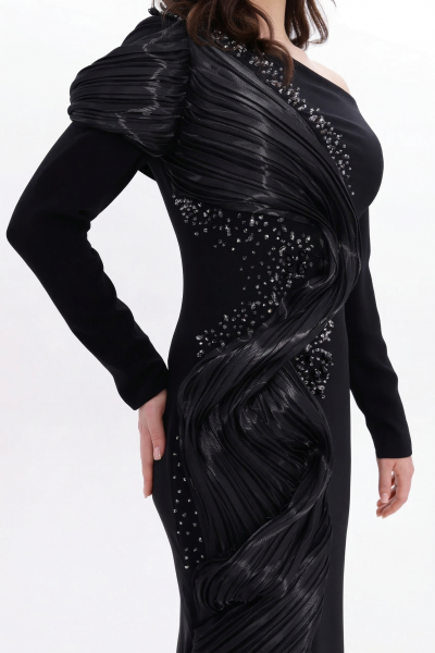 BDM Exclusive Tek Kol Pilise Organze Drape Taş İşlemeli Premium Abiye Elbise