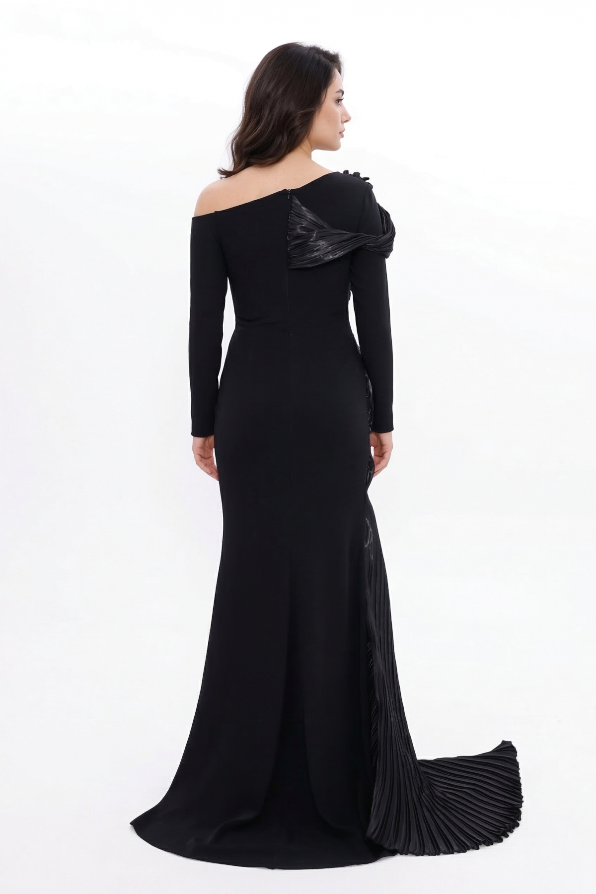 BDM Exclusive Tek Kol Pilise Organze Drape Taş İşlemeli Premium Abiye Elbise