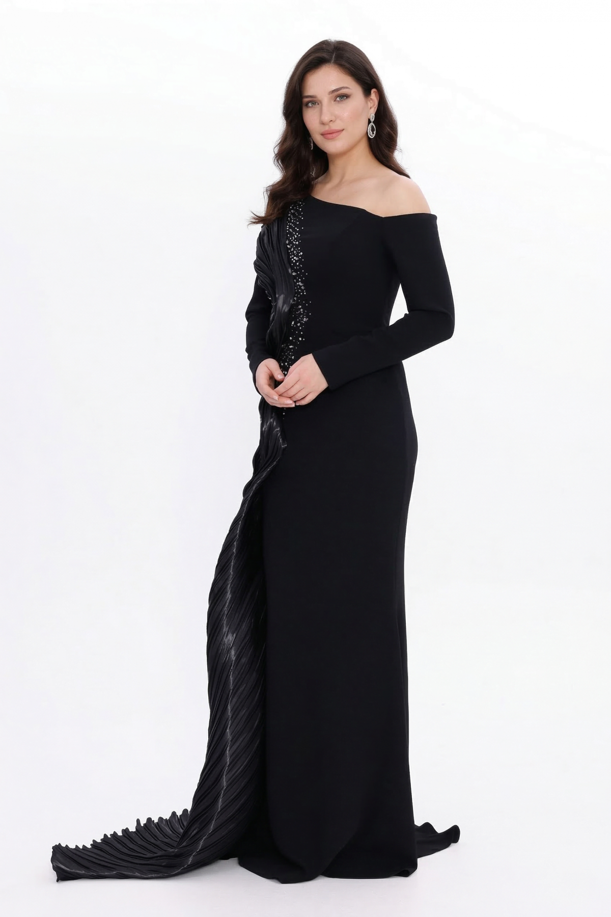 BDM Exclusive Tek Kol Pilise Organze Drape Taş İşlemeli Premium Abiye Elbise