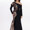 BDM Exclusive Tek Kol Pilise Organze Drape Taş İşlemeli Premium Abiye Elbise