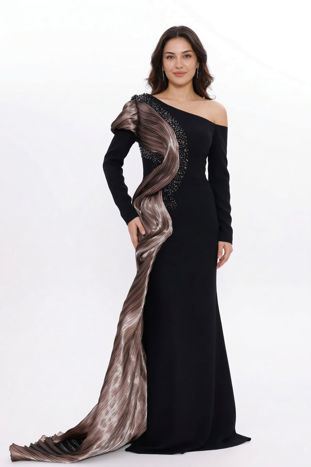 BDM Exclusive Tek Kol Pilise Organze Drape Taş İşlemeli Premium Abiye Elbise