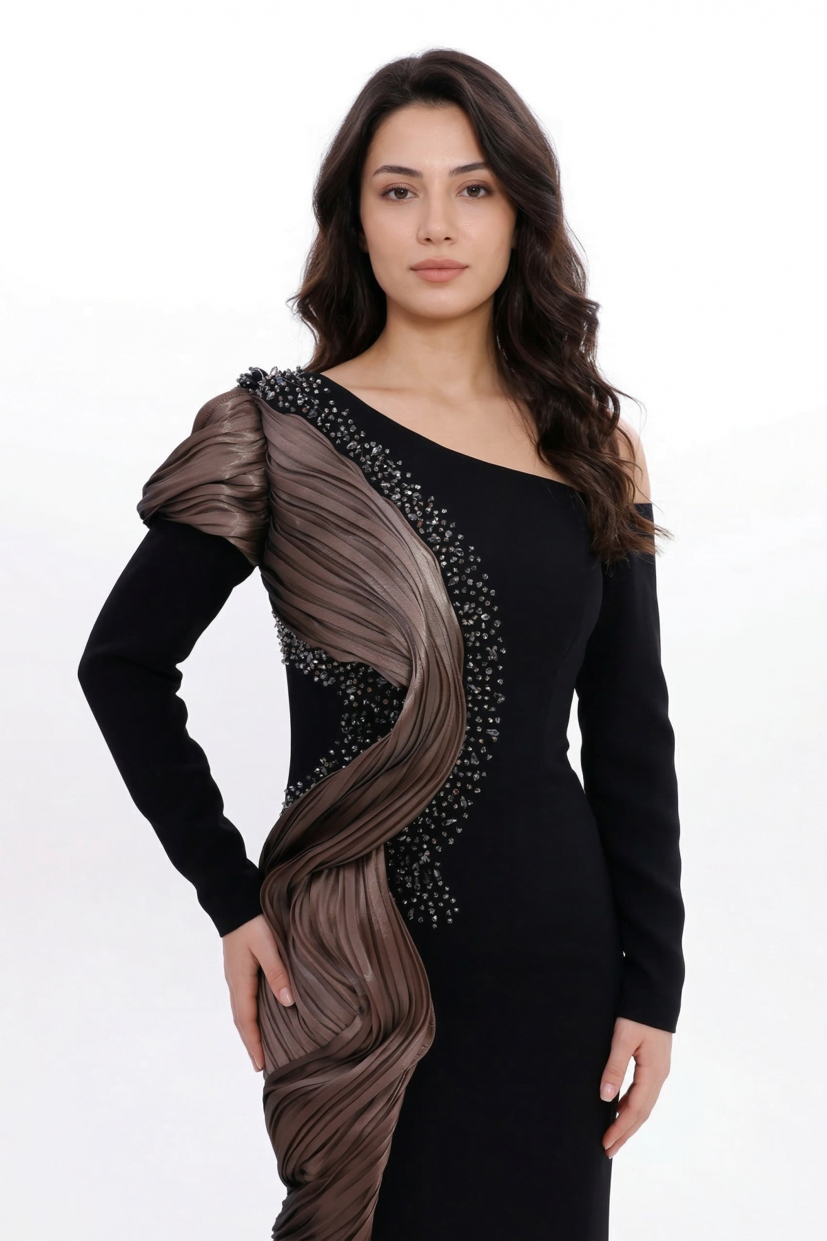 BDM Exclusive Tek Kol Pilise Organze Drape Taş İşlemeli Premium Abiye Elbise