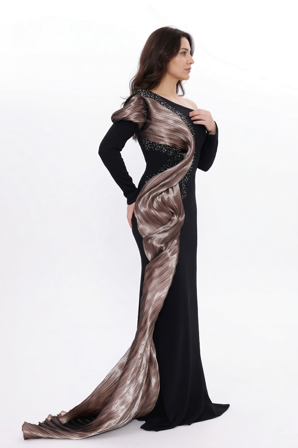 BDM Exclusive Tek Kol Pilise Organze Drape Taş İşlemeli Premium Abiye Elbise
