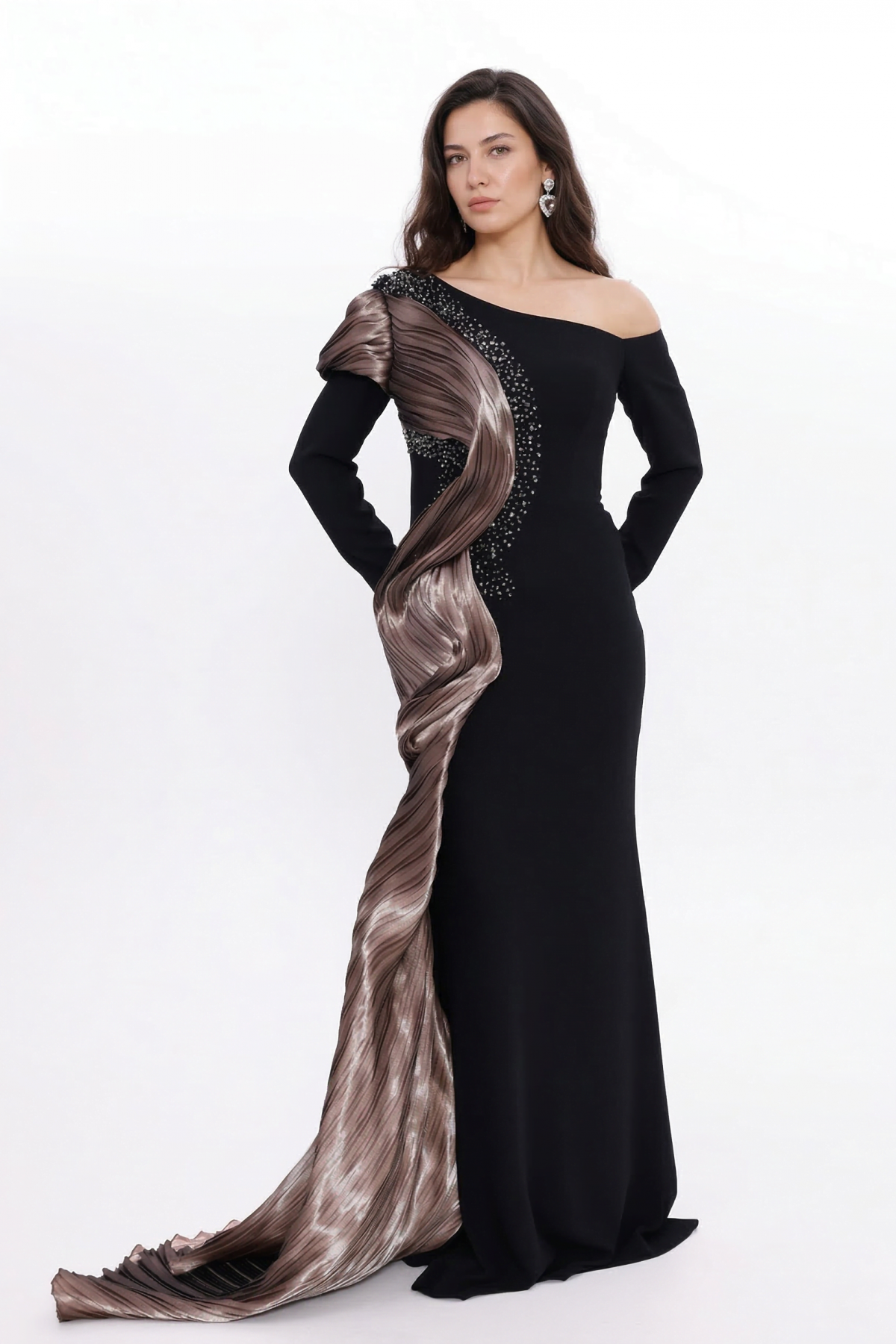 BDM Exclusive Tek Kol Pilise Organze Drape Taş İşlemeli Premium Abiye Elbise