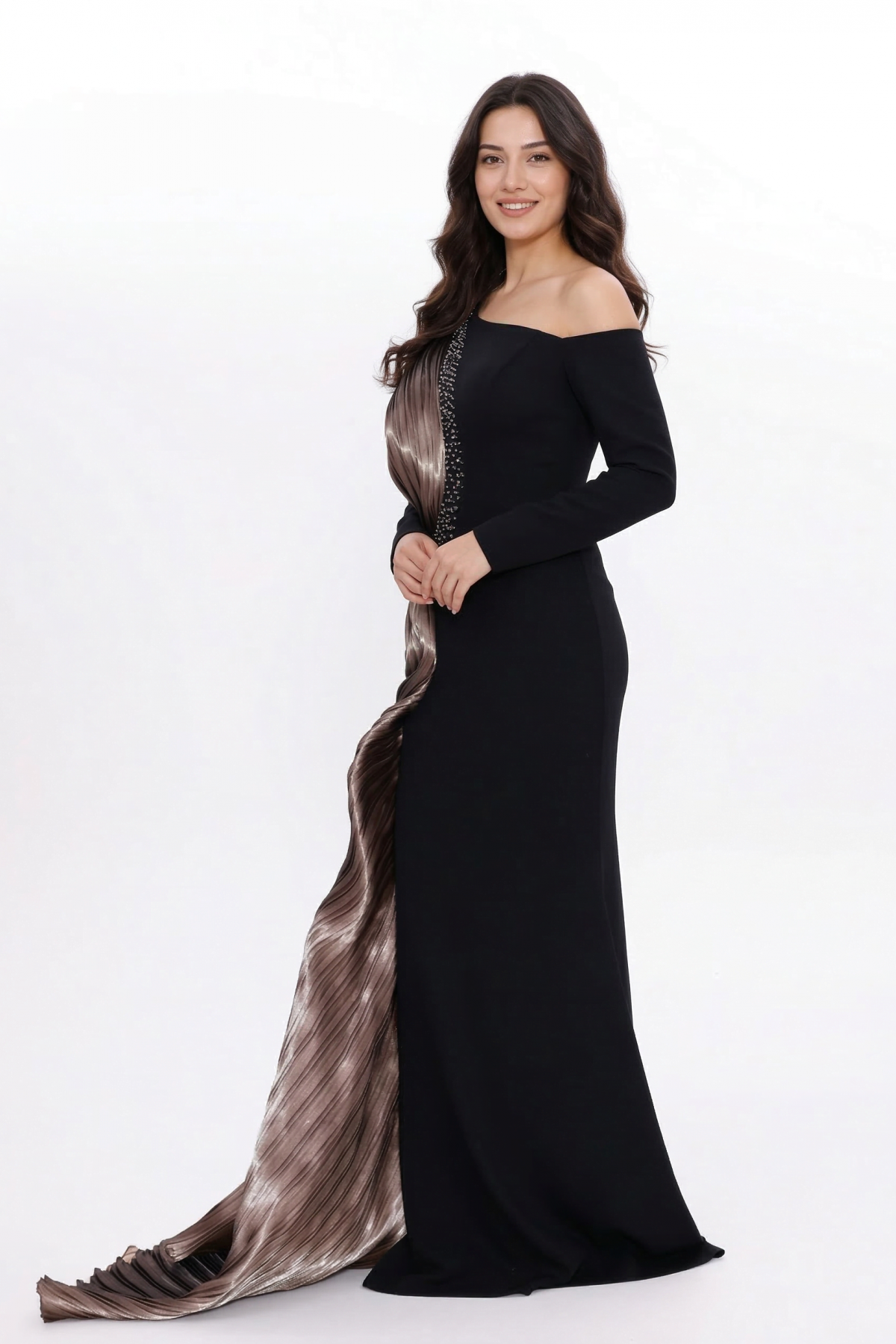 BDM Exclusive Tek Kol Pilise Organze Drape Taş İşlemeli Premium Abiye Elbise