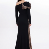 BDM Exclusive Tek Kol Pilise Organze Drape Taş İşlemeli Premium Abiye Elbise