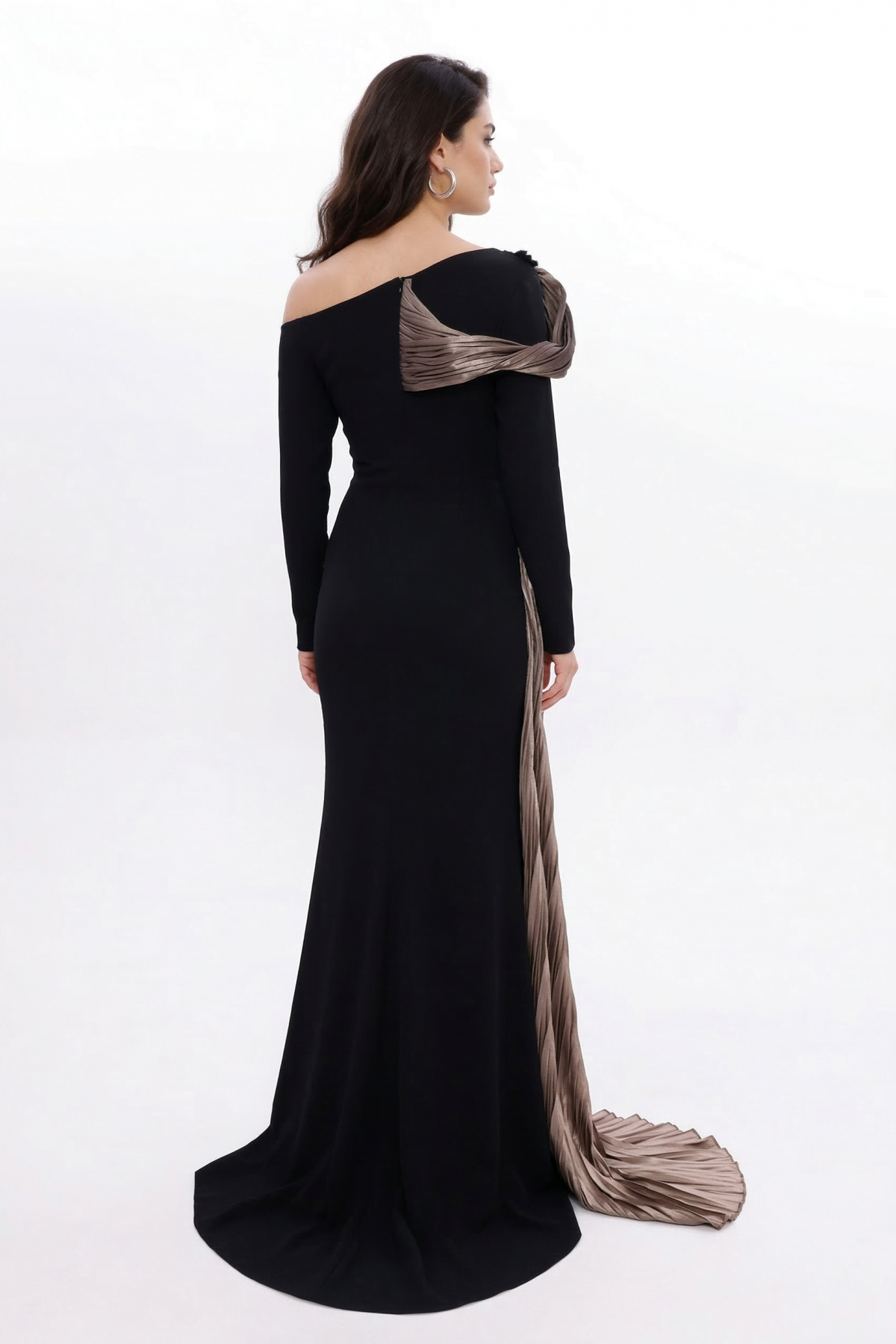 BDM Exclusive Tek Kol Pilise Organze Drape Taş İşlemeli Premium Abiye Elbise